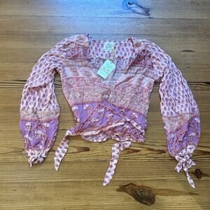 NWT Blue Boheme Bella pink romantic boho puff long sleeve wrap waist blouse OS‎